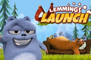 Modrý chlpatý medveď s úsmevom stojí v popredí, zatiaľ čo ďalšie malé tvory odpočívajú na spiacom hnedom medveďovi na pozadí s názvom Lemmings Launch
