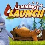 Modrý chlpatý medveď s úsmevom stojí v popredí, zatiaľ čo ďalšie malé tvory odpočívajú na spiacom hnedom medveďovi na pozadí s názvom Lemmings Launch