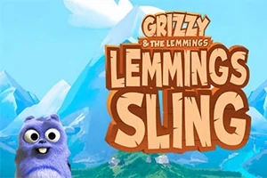 Modrofialové kreslené zvieratko stojace pred horami s nápisom Lemmings Sling