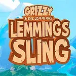 Modrofialové kreslené zvieratko stojace pred horami s nápisom Lemmings Sling