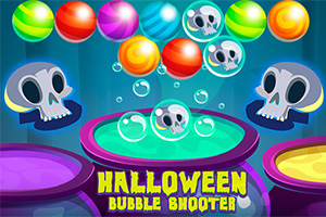 Farebné bubliny a lebky na tmavom pozadí s nápisom Halloween Bubble Shooter