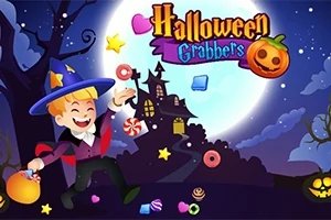 Dieťa v kostýme čarodejníka s taškou na sladkosti pred strašidelným domom a polmesiacom v pozadí, obklopené sladkosťami a dekoráciami na Halloween
