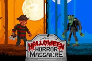 Dve postavy stojace na pozadí oranžovej a modrej krajiny s nápisom „Halloween Horror Massacre“ v popredí