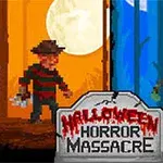 Dve postavy stojace na pozadí oranžovej a modrej krajiny s nápisom „Halloween Horror Massacre“ v popredí