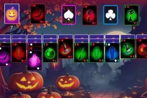 Karty s halloweenovou tematikou s motívmi ako tekvice, netopiere a čarodejnícke klobúky na pozadí temného jesenného lesa