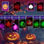 Karty s halloweenovou tematikou s motívmi ako tekvice, netopiere a čarodejnícke klobúky na pozadí temného jesenného lesa