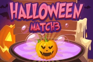 Nápis Halloween Match3 s tekvicou v kotli plnom fialového nápoja, s pozadím sviečok a ďalšej tekvice