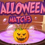 Nápis Halloween Match3 s tekvicou v kotli plnom fialového nápoja, s pozadím sviečok a ďalšej tekvice