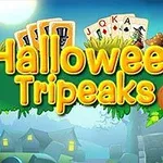 Text Halloween Tripeaks na pozadí s halloweenskymi prvkami ako tekvice a karty