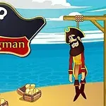Pirátska šibenica na pláži s truhlami zlata a logom s lebkou