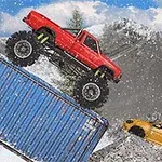 Červené terénne auto prechádza cez modrý kontajner v zasneženej horskej krajine, zatiaľ čo vedľa sa nachádza žlté auto