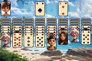 Kartová hra solitaire s obrázkami postáv na pozadí pláže a mora