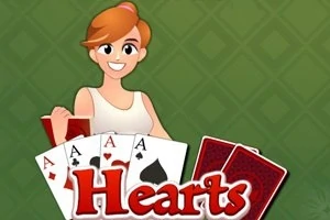 Žena s kartami v ruke stojí pred zeleným pozadím s textom Hearts