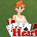 Žena s kartami v ruke stojí pred zeleným pozadím s textom Hearts