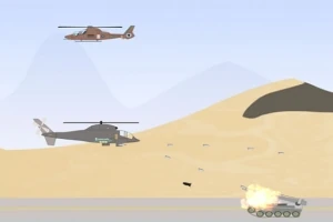 Dva vrtuľníky letí nad púšťou a tank na zemi exploduje