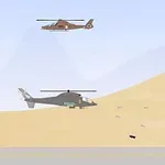 Dva vrtuľníky letí nad púšťou a tank na zemi exploduje