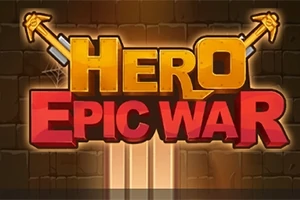 Nápis Hero Epic War na kamennej stene s mečmi v pozadí