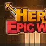 Nápis Hero Epic War na kamennej stene s mečmi v pozadí
