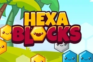 Farebné hexagónové bloky s usmievavými tvárami na pozadí s palmou a modrou oblohou
