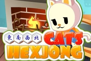Kreslená postava mačky pri krbe s nápisom Cats Hexjong