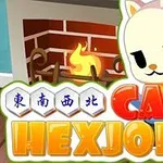 Kreslená postava mačky pri krbe s nápisom Cats Hexjong