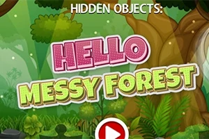 Text Hello Messy Forest na pozadí lesa s husto rastúcimi stromami a zeleňou