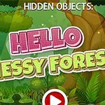 Text Hello Messy Forest na pozadí lesa s husto rastúcimi stromami a zeleňou