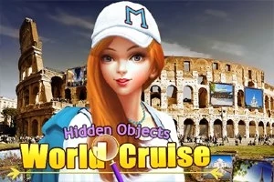 Mladá žena s dlhými červenými vlasmi a šiltovkou stojí pred rímskym Koloseom s nápisom World Cruise v popredí