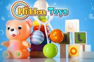 Farebný plyšový medvedík, farebné kocky a loptičky na modrom pozadí s nápisom Hidden Toys