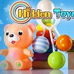Farebný plyšový medvedík, farebné kocky a loptičky na modrom pozadí s nápisom Hidden Toys