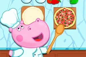 Ružový hroch v kuchárskom oblečení pripravuje pizzu na drevenom stole