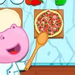 Ružový hroch v kuchárskom oblečení pripravuje pizzu na drevenom stole