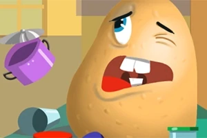Animovaná postava zemiaka s komickou tvárou v kuchyni, obklopená kuchynskými predmetmi