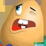 Animovaná postava zemiaka s komickou tvárou v kuchyni, obklopená kuchynskými predmetmi