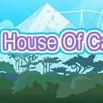 Nápis House Of Cards v fialovom ráme pred pozadím s oblohou, stromami a kartovým domčekom
