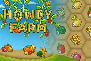 Nápis Howdy Farm vytvorený z kukuričných klasov na modrom pozadí s rôznymi druhmi ovocia a zeleniny, ako sú paprika a tekvica, umiestnenými na poli
