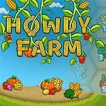 Nápis Howdy Farm vytvorený z kukuričných klasov na modrom pozadí s rôznymi druhmi ovocia a zeleniny, ako sú paprika a tekvica, umiestnenými na poli
