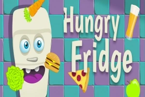 Animovaná chladnička s očami a ústami obklopená jedlom, ako je hamburger, pizza, pivo, jablko, mrkva a šalát na fialovo-zelenej šachovnicovej stene s textom Hungry Fridge