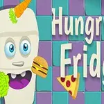 Animovaná chladnička s očami a ústami obklopená jedlom, ako je hamburger, pizza, pivo, jablko, mrkva a šalát na fialovo-zelenej šachovnicovej stene s textom Hungry Fridge