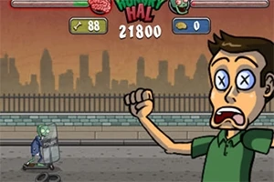 Muž s vystrašeným výrazom a prekríženými očami na ulici, v pozadí je zombie s ochranným štítom a mestská silueta