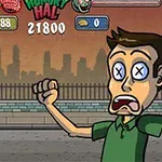 Muž s vystrašeným výrazom a prekríženými očami na ulici, v pozadí je zombie s ochranným štítom a mestská silueta