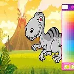 Kreslený dinosaurus s výberom farieb na pozadí so sopkou a skalami