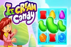 Ilustrácia ukazuje kreslenú postavičku vedľa nápisu Ice Cream Candy a hernú mriežku s farebnými cukríkmi rôznych tvarov