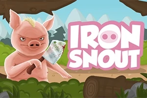 Ružový prasa s rozhodným výrazom drží v ruke mäsiarsky sekáčik na pozadí lesa s nápisom IRON SNOUT