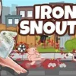 Ružový prasa s rozhodným výrazom drží v ruke mäsiarsky sekáčik na pozadí lesa s nápisom IRON SNOUT