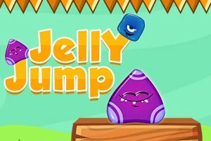 Fialová želé postavička na drevenej plošine s nápisom Jelly Jump na zelenom pozadí, s modrou želé postavičkou skákajúcou nad ňou