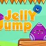 Fialová želé postavička na drevenej plošine s nápisom Jelly Jump na zelenom pozadí, s modrou želé postavičkou skákajúcou nad ňou
