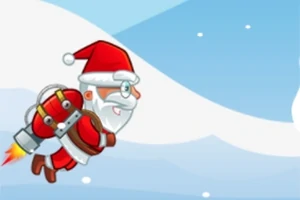 Santa Claus letí vo vzduchu s raketovým batohom na farebnom zimnom pozadí