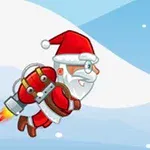 Santa Claus letí vo vzduchu s raketovým batohom na farebnom zimnom pozadí