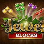 Farebné šperkové bloky s textom Jewel Blocks obklopené listami na tmavom pozadí